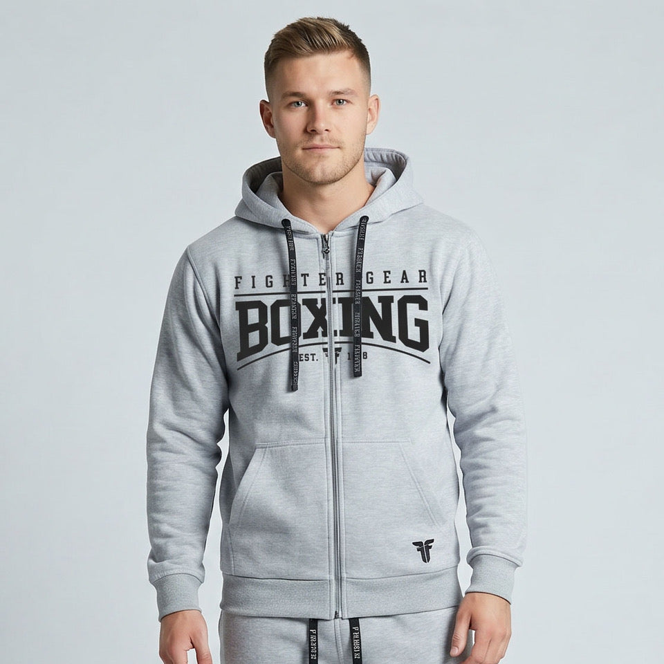 Tepláková souprava Fighter na zip, s potiskem BOXING - šedá
