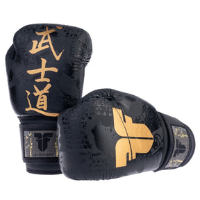 Boxerské rukavice Fighter Samurai černá/zlatá – pár rukavic se zlatým nápisem Bušidó a logem Fighter