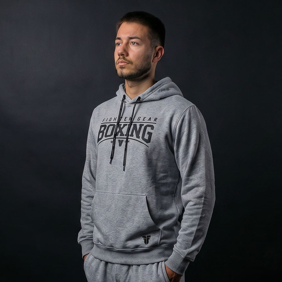 Mikina s kapucí Fighter s potiskem BOXING  - šedá, F25HDBX-09