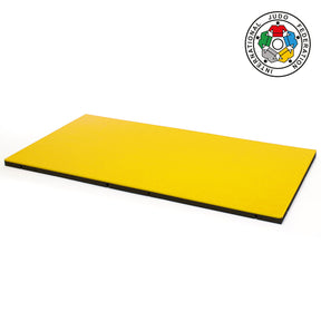 Judo tatami Trocellen I-TIS žlutá 2×1 m – celkový pohled s logem IJF (International Judo Federation)