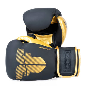 Boxerské rukavice Fighter Secure Fit černá/zlatá – pár rukavic s logem Fighter, čelní pohled